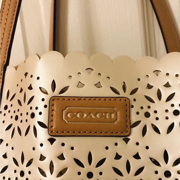 #006. COACH Metro Eyelet Perforated Tote - metallic cream & tan leather handles
